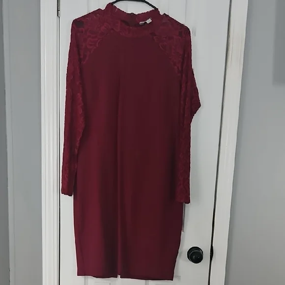 Belle Sky Burgundy Long Sleeve Mock Neck Sheath Dress - Picture 1 of 7